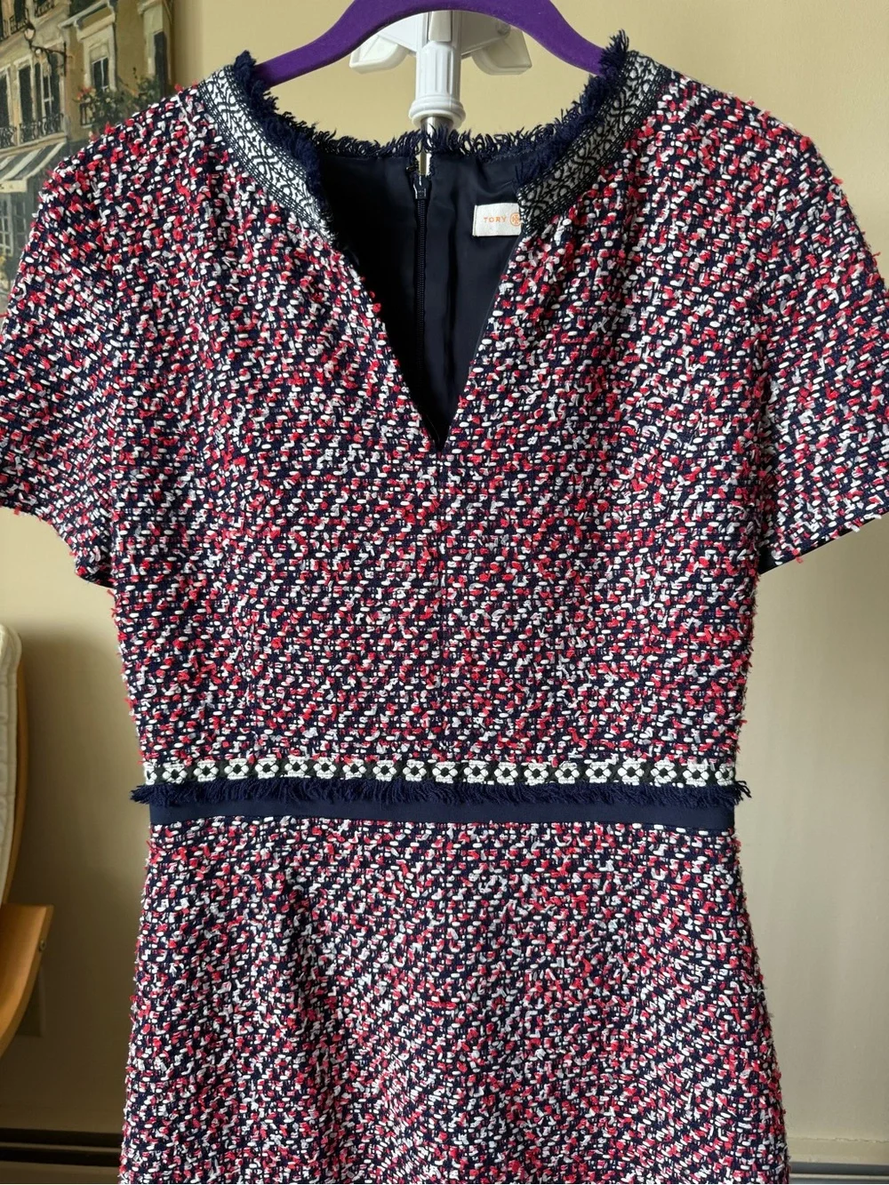 Tory Burch Tweed Sheath Dress in Red, Navy & White